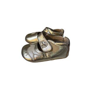 Livie and Luca Baby Silver Leather Mary Jane Shoes With Bird Accent & Rubber Gri